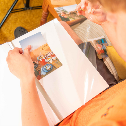 Person holding a photo album with a page showing a desert scene.