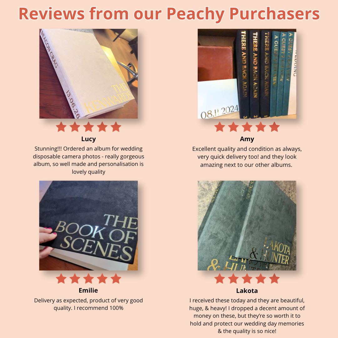 A promotional collage with the heading 'Reviews from our Peachy Purchasers' and four customer review cards showing photos of book albums and handwritten testimonials on a peach background.