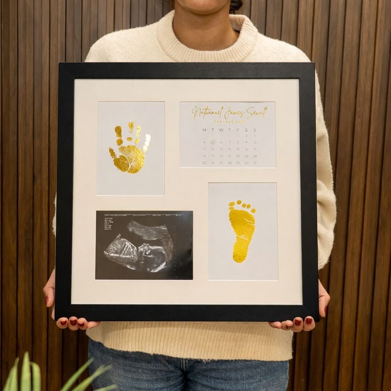 New baby personalised foil frame showing ultrasound scan, gold handprint and footprint nursery wall decor