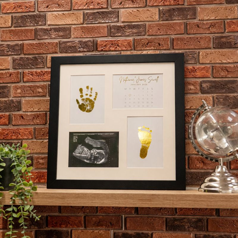 New baby personalised foil frame showing ultrasound scan, gold handprint and footprint nursery wall decor