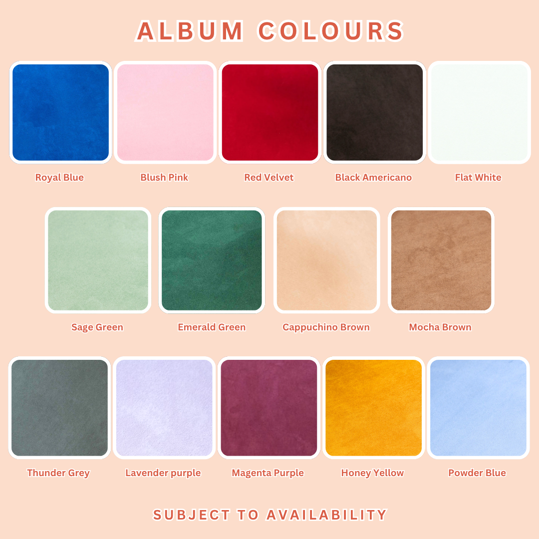 An album color chart showing multiple fabric swatches labeled with names such as Royal Blue, Blush Pink, Red Velvet, Black Americano, Flat White, Sage Green, Emerald Green, Cappuccino Brown, Mocha Brown, Thunder Grey, Lavender purple, Magenta Purple, Honey Yellow, and Powder Blue, under the heading 'ALBUM COLOURS'.