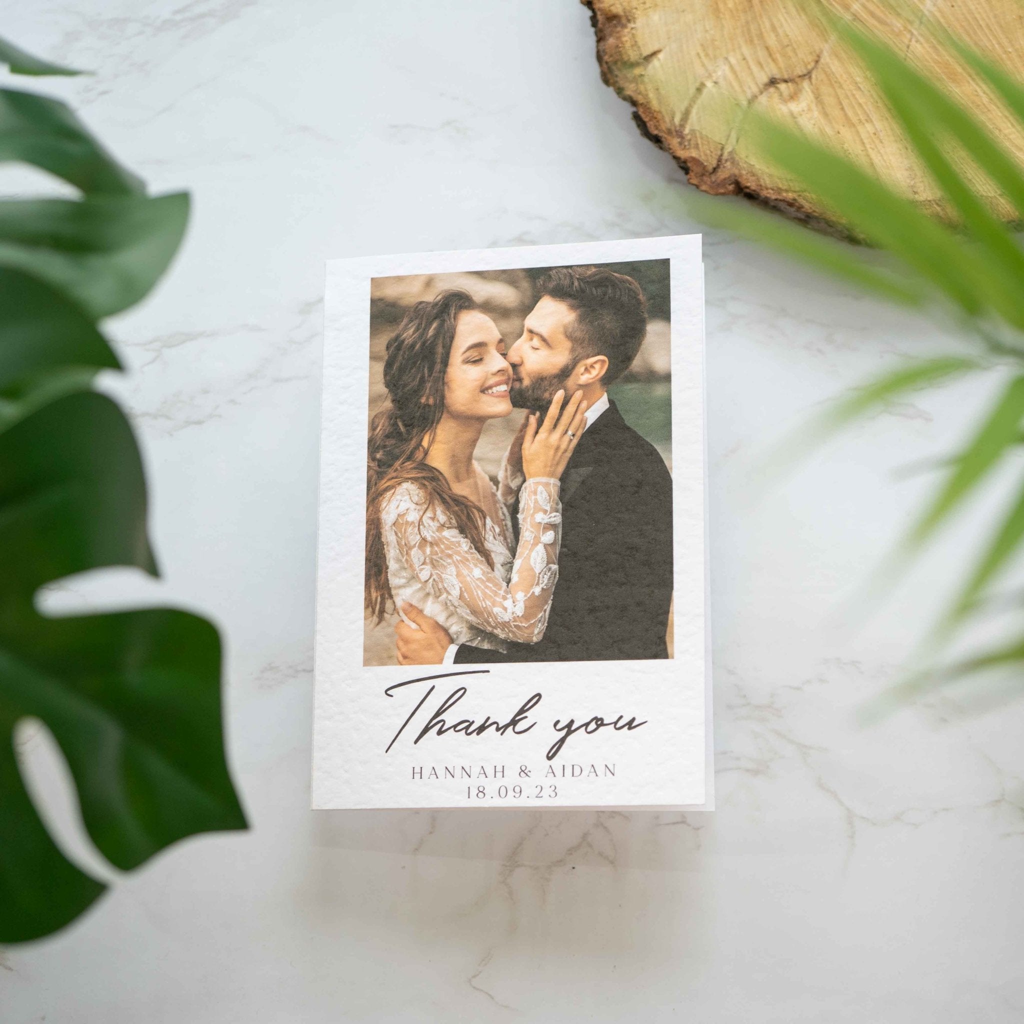 Elegant wedding thank you card with minimalist typography on premium cardstock