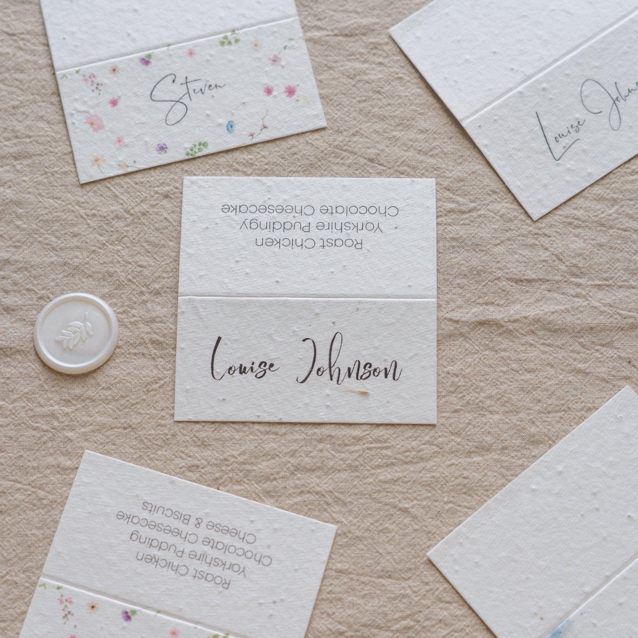 floral seeded place cards, zero waste wedding place cards, eco wedding name tags