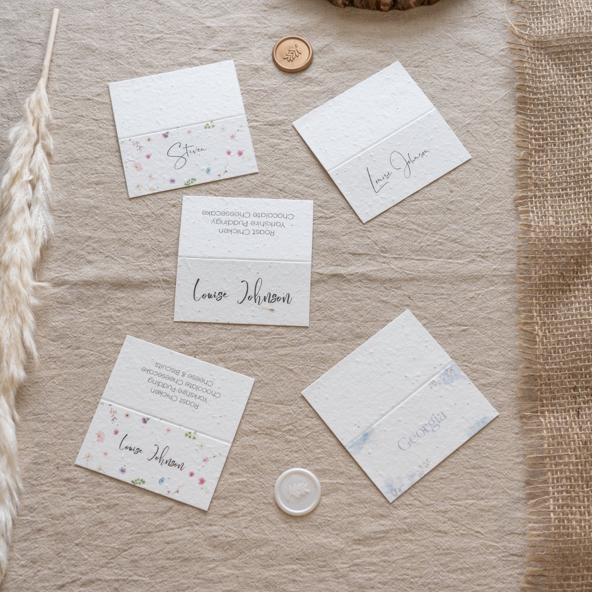 floral seeded place cards, zero waste wedding place cards, eco wedding name tags