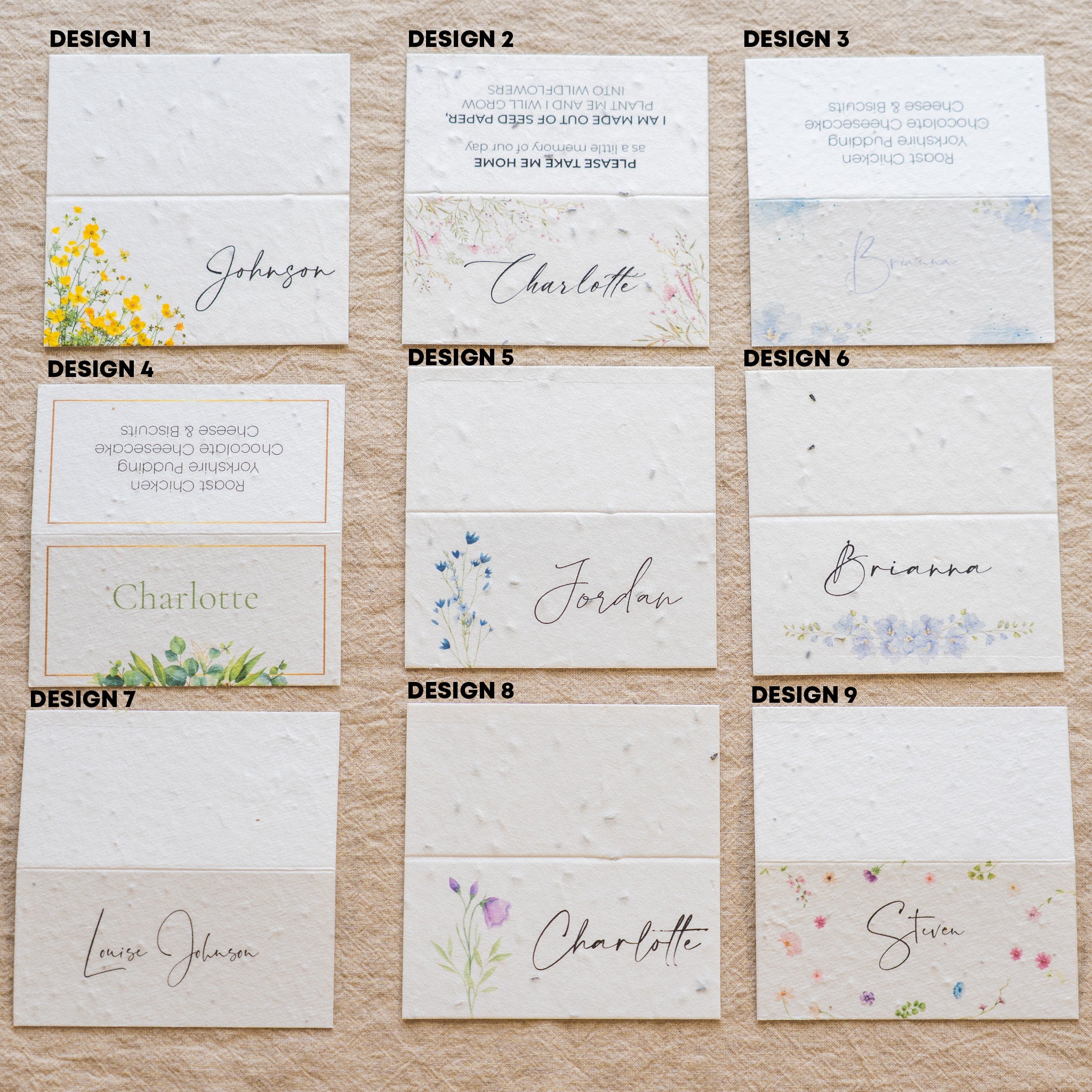 floral seeded place cards, zero waste wedding place cards, eco wedding name tags