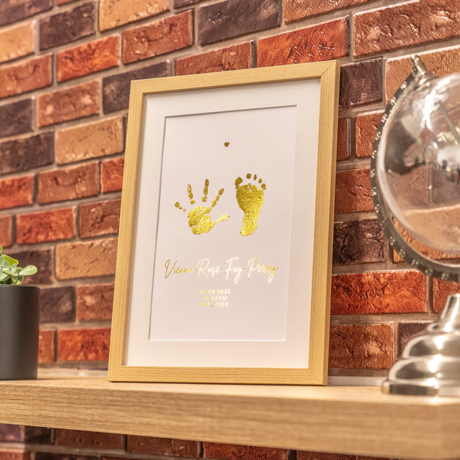 Baby handprint and footprint foil frame, personalised newborn gift