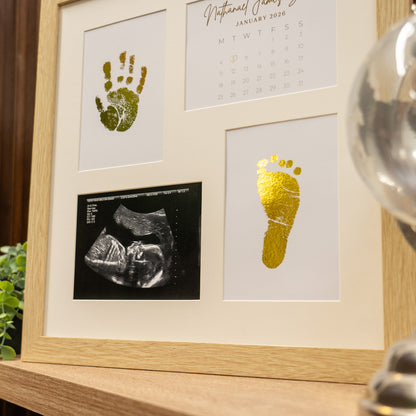 Personalised newborn keepsake frame with ultrasound photo and gold foil baby hand and foot prints
