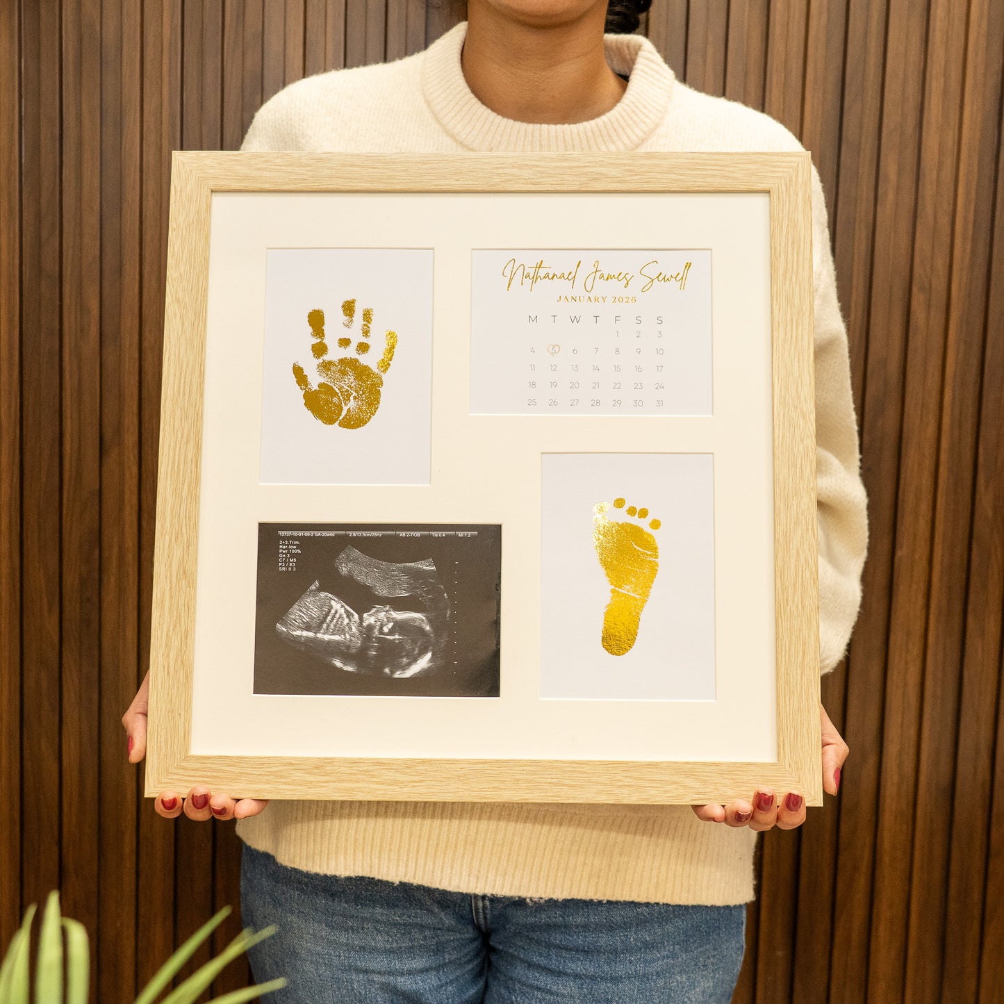 Elegant baby memory frame with ultrasound scan and gold foil handprint and footprint gift for new parents