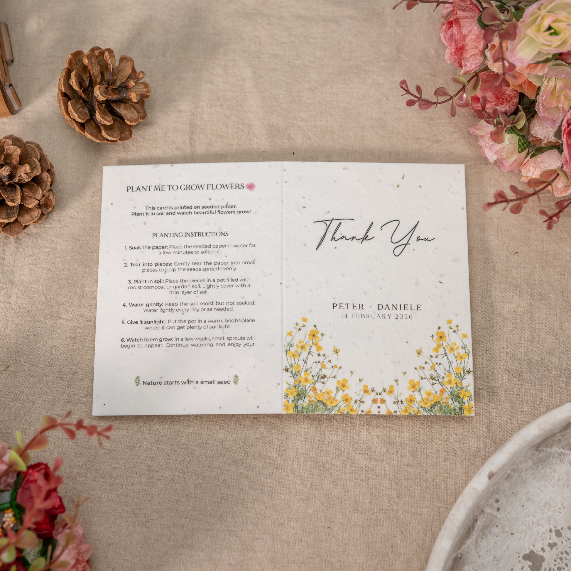 Eco-friendly thank you cards for weddings made from biodegradable seeded paper