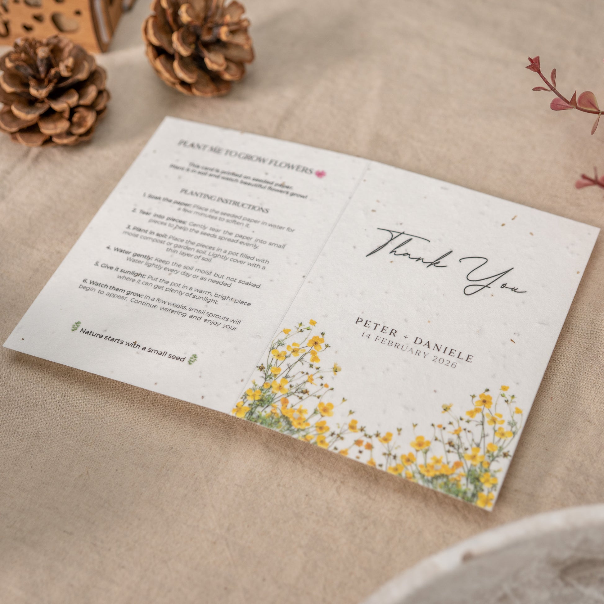 Rustic wedding thank you cards printed on plantable seed paper with natural texture