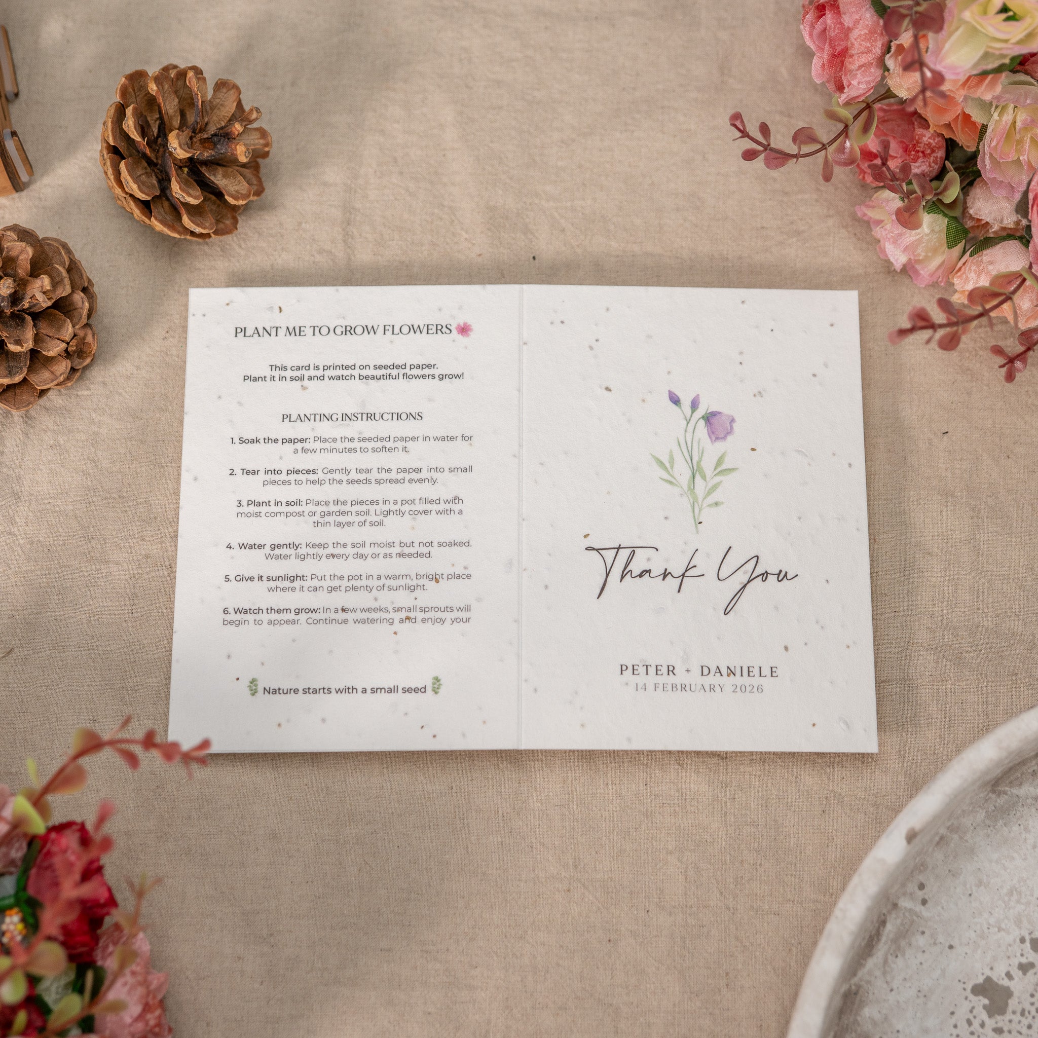 Wildflower seed thank you cards for weddings designed to be planted after use