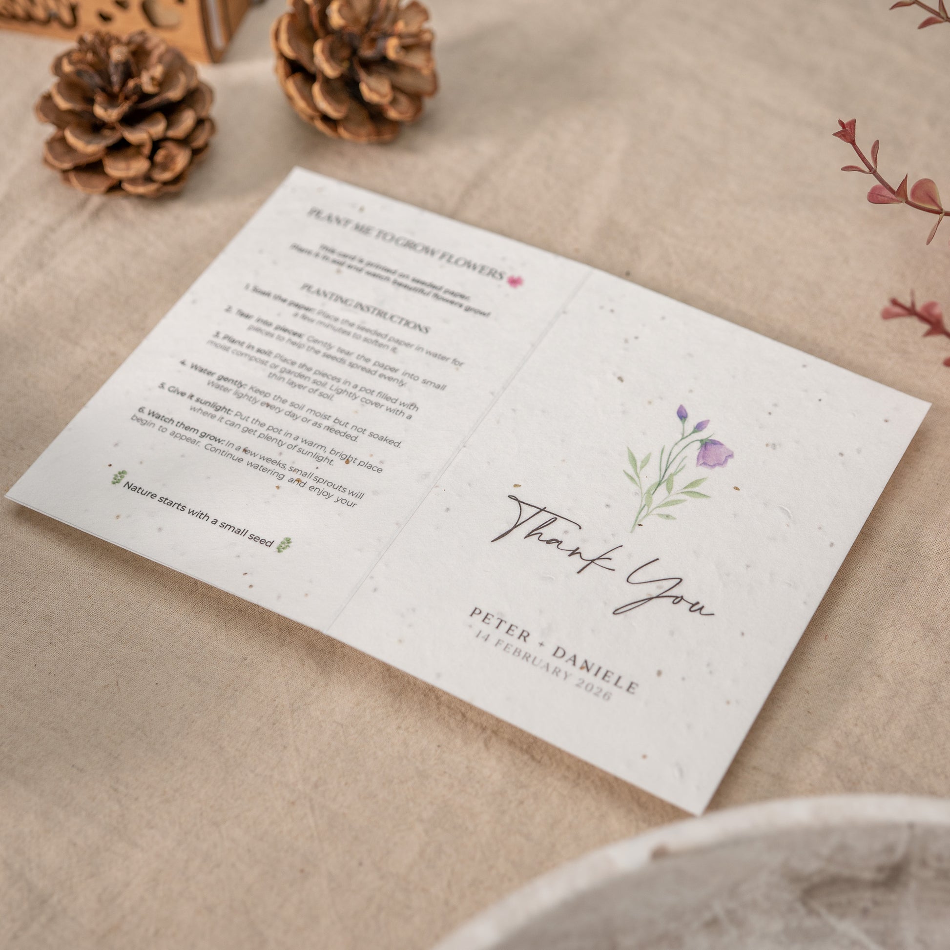 Plantable thank you cards for weddings featuring embedded seeds and elegant typography
