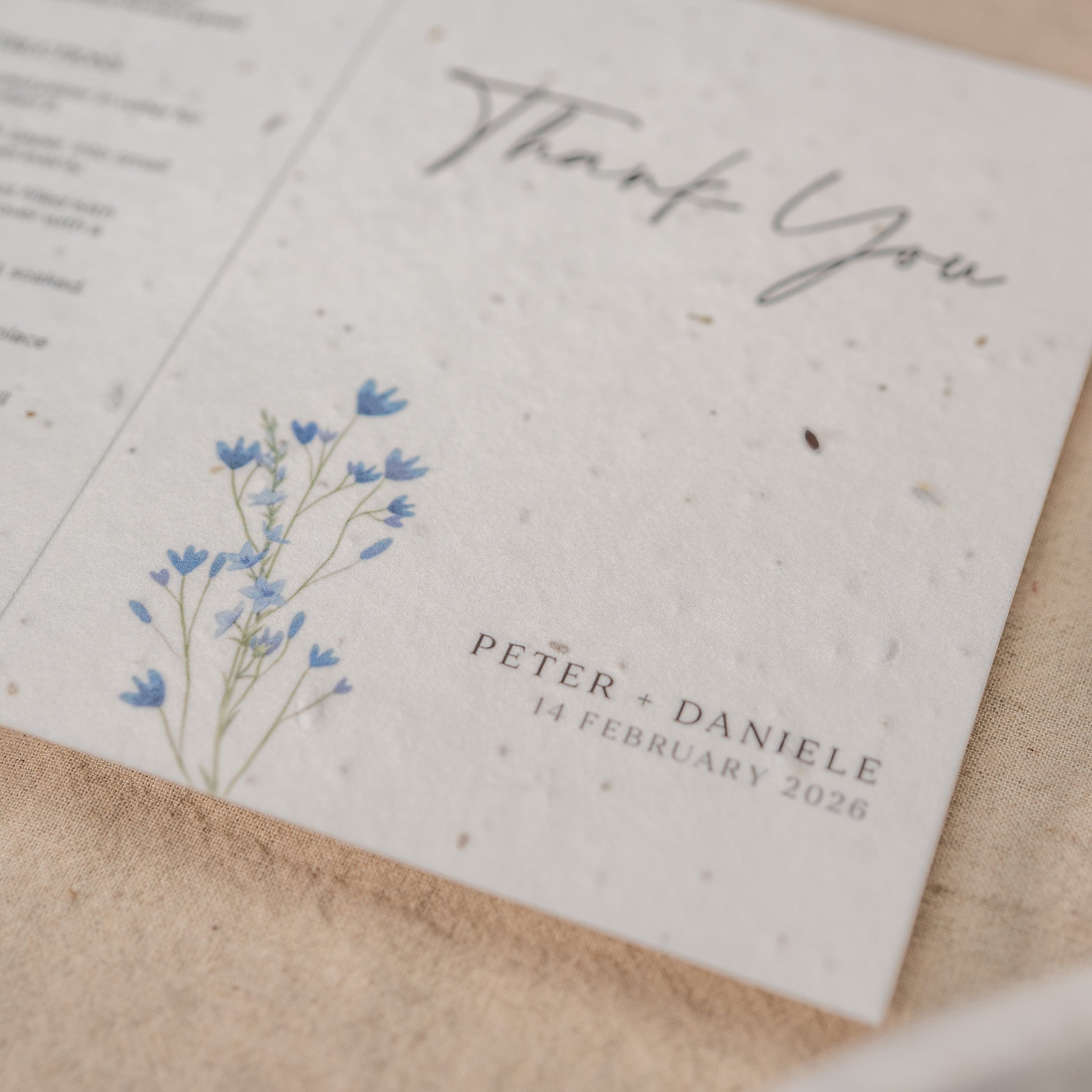Sustainable wedding thank you cards with simple modern layout and seeded paper finish