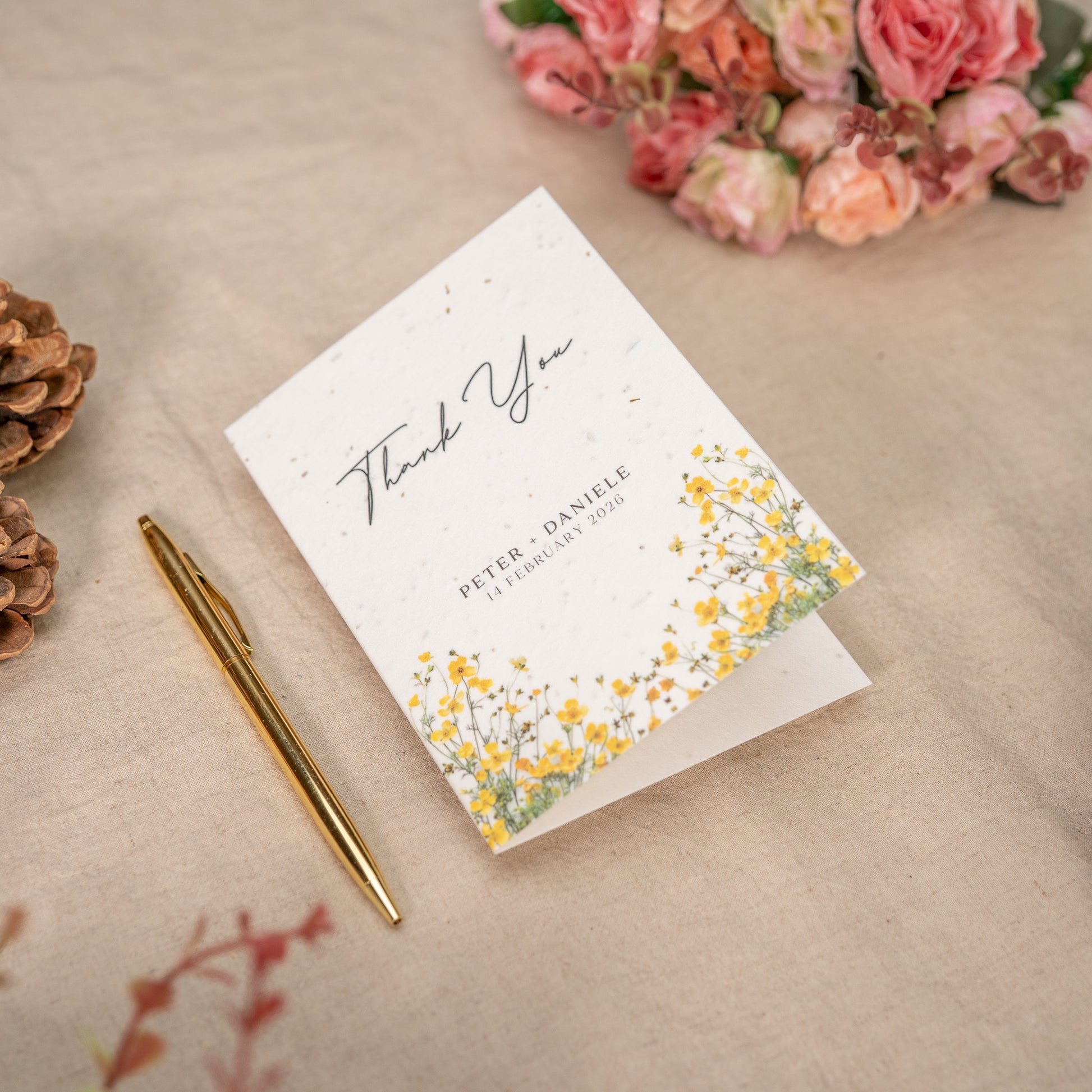 Seeded wedding thank you cards with minimalist botanical design on eco-friendly plantable paper