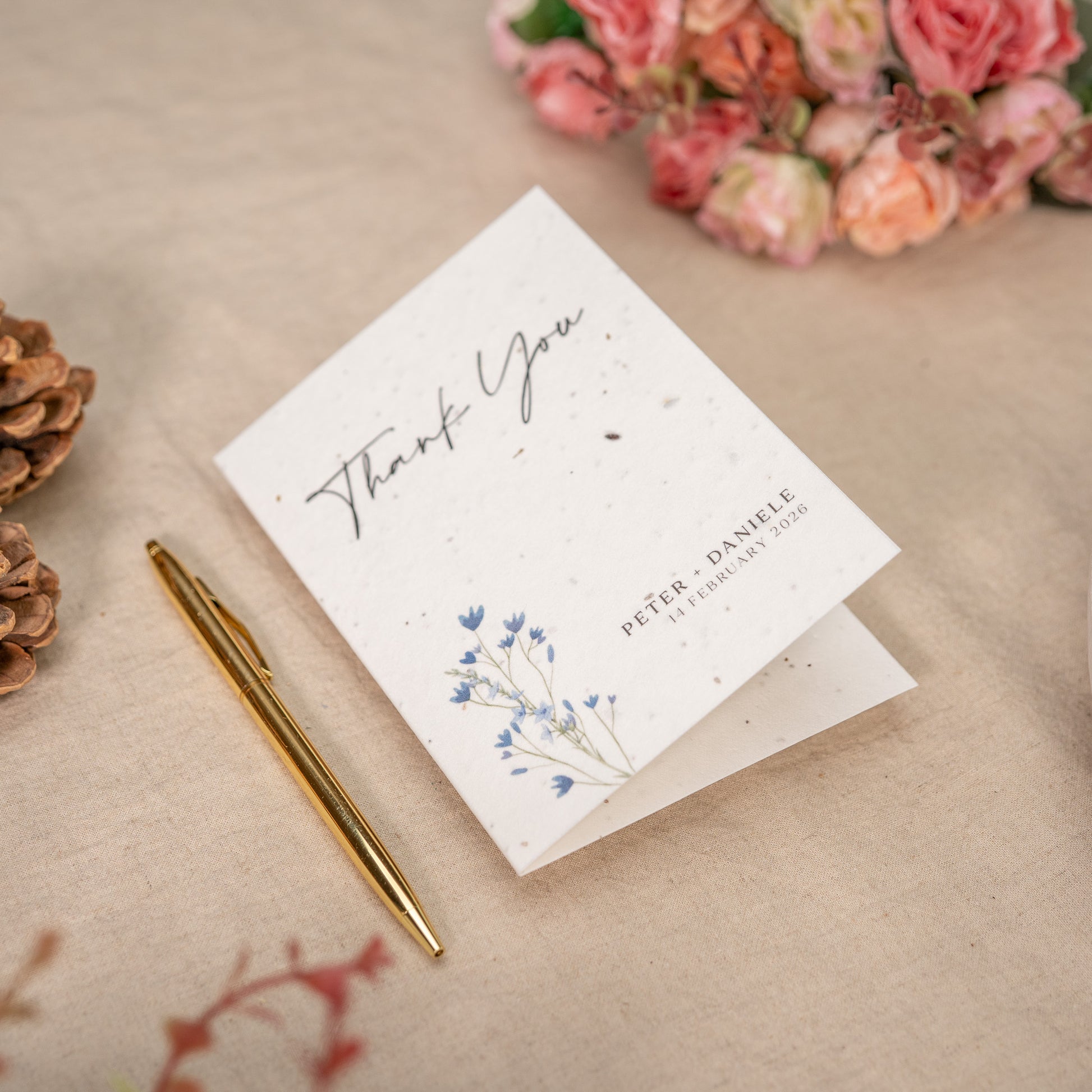 Elegant sustainable thank you cards for weddings printed on textured seeded paper