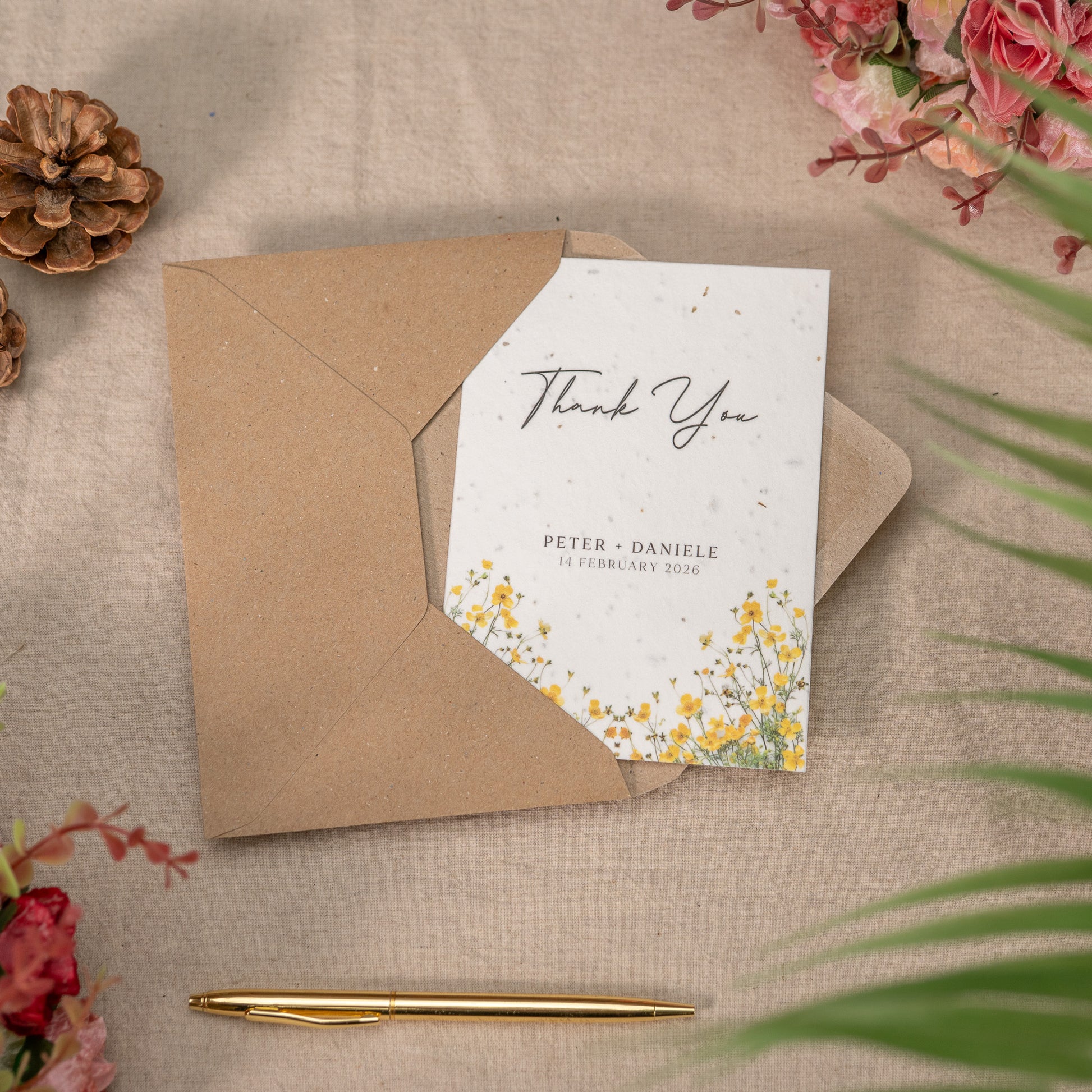 Plantable wedding thank you card with wildflower seeds embedded in recycled cardstock