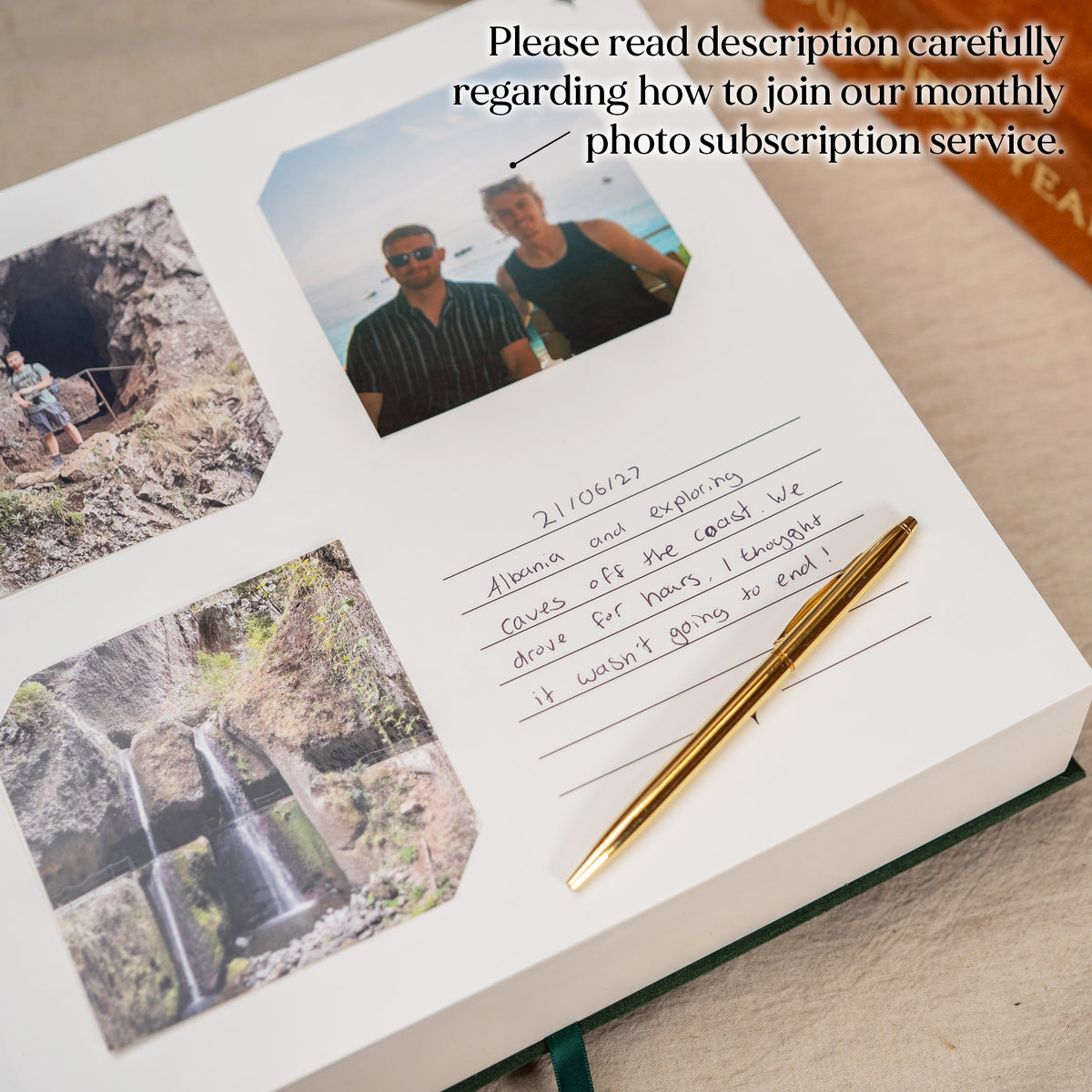 A white subscription photo album with printed and handwritten photos, a gold pen, and overlaid text explaining a monthly photo subscription service.