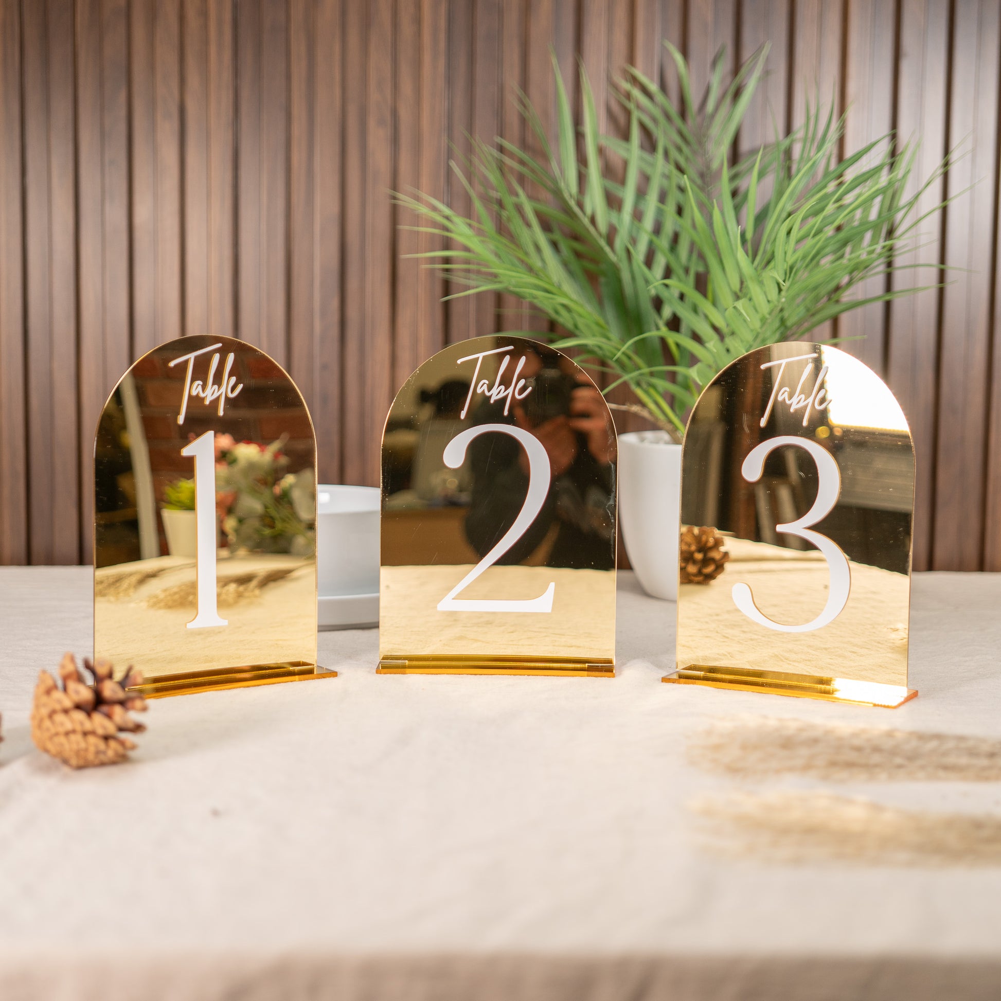 Gold table number holders with numbers 1, 2, and 3 on a table with a plant in the background.