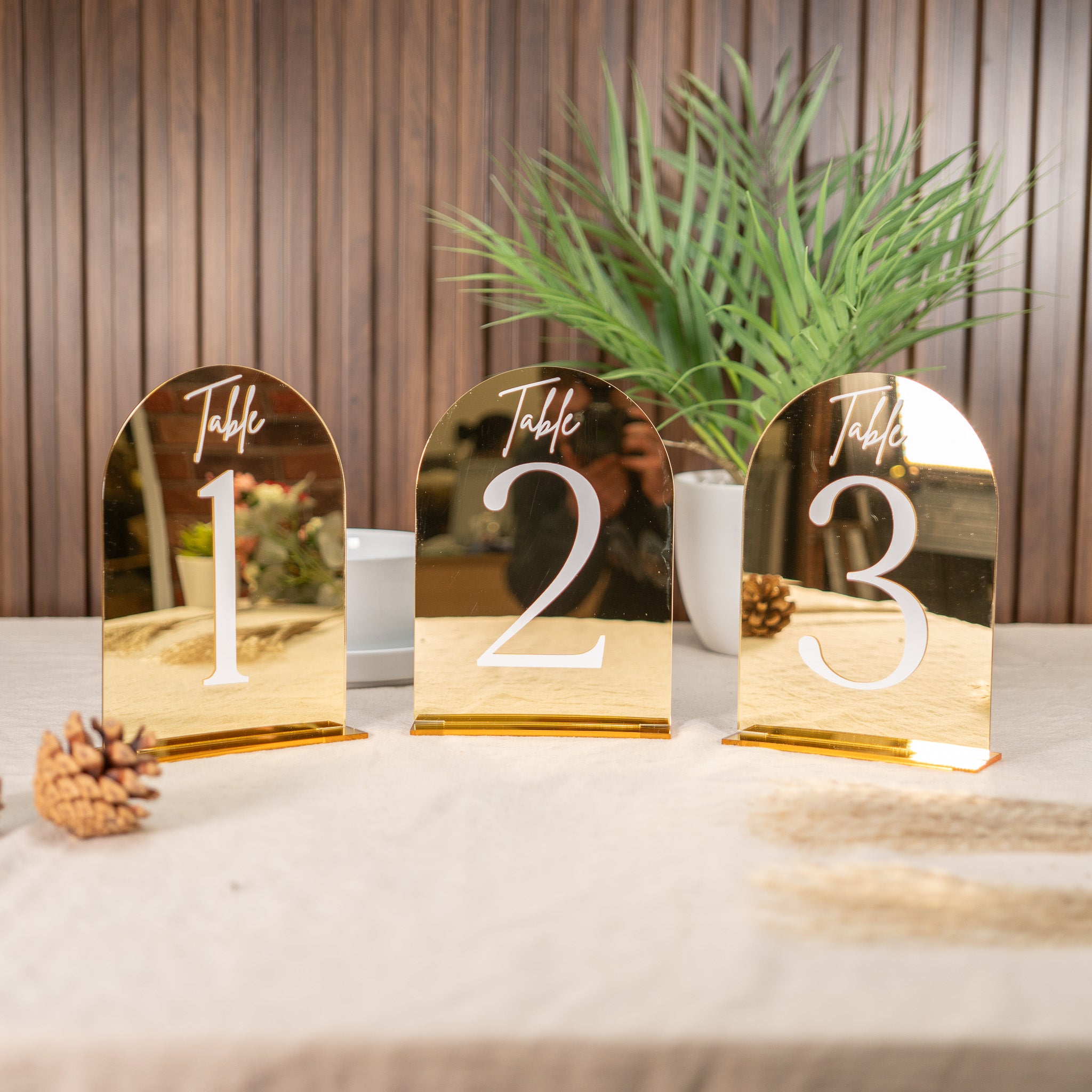 Gold table number holders with numbers 1, 2, and 3 on a table with a plant in the background.