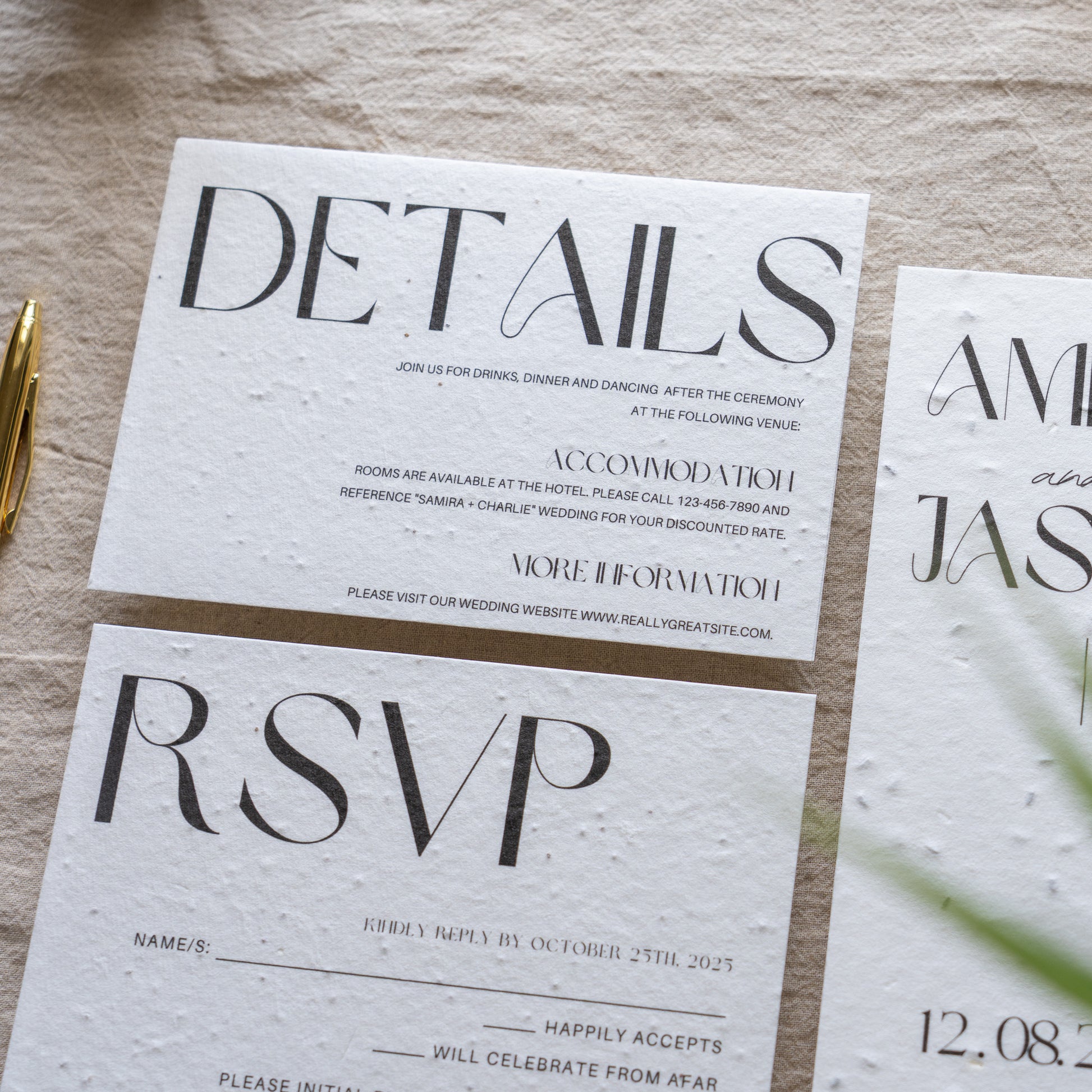 Wedding invitation with 'DETAILS' and 'RSVP' text on a textured surface.