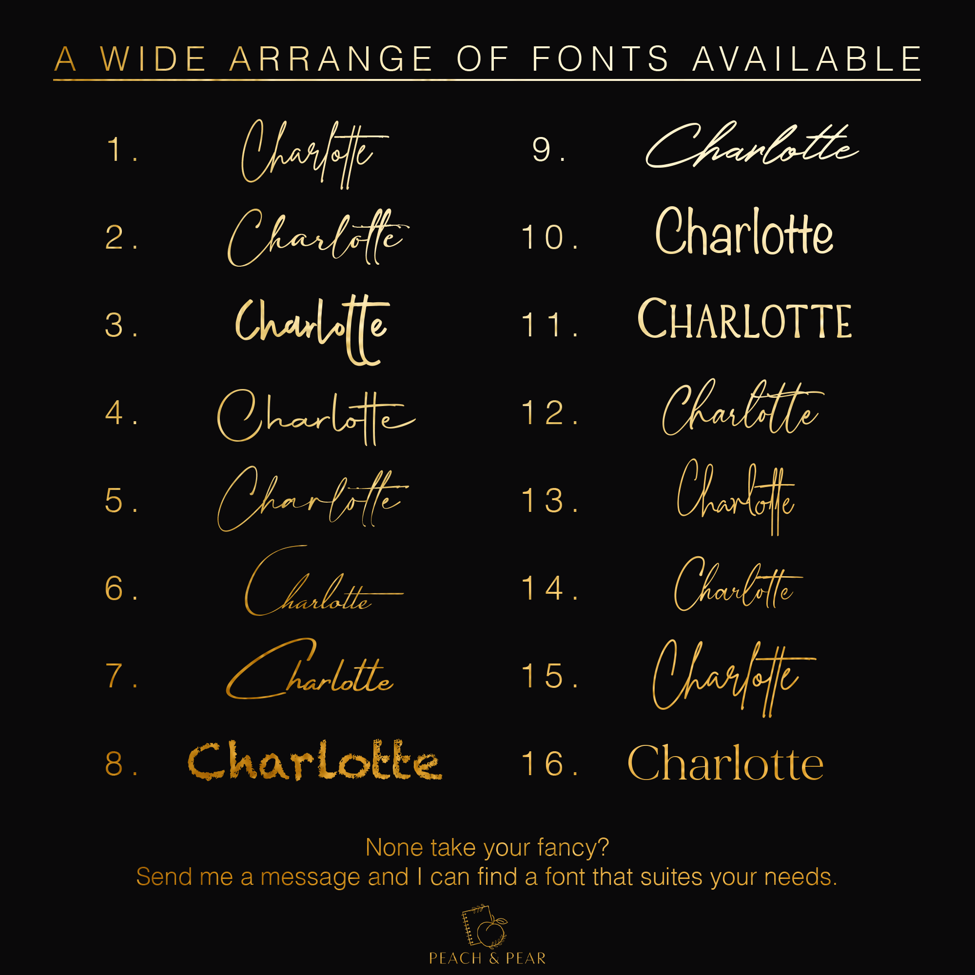 Various styles of 'Charlotte' font on a black background with Peach & Pear branding.