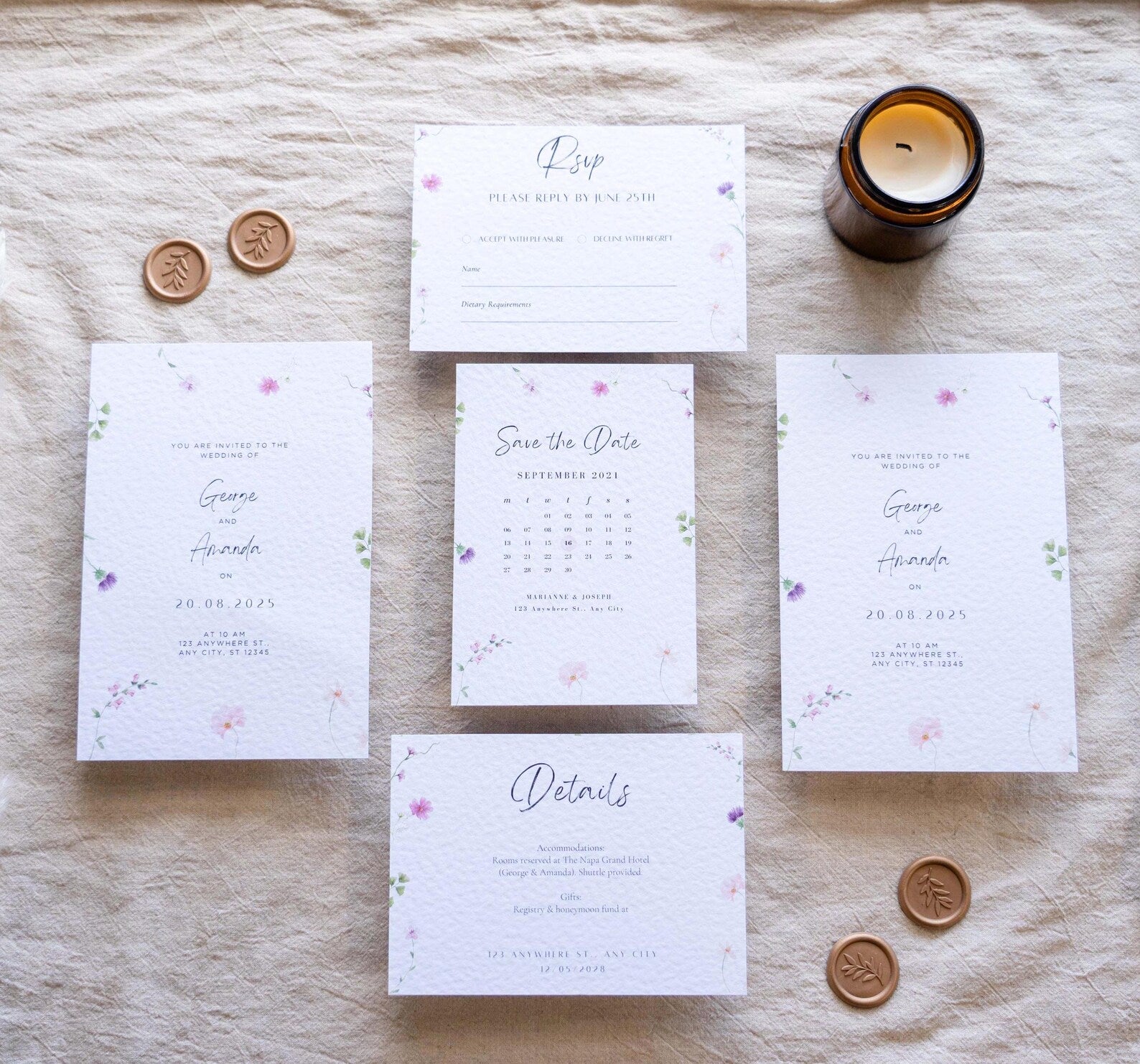 Floral Wedding Invitation & Save the Date. Neutral invitation set (sample pack only)