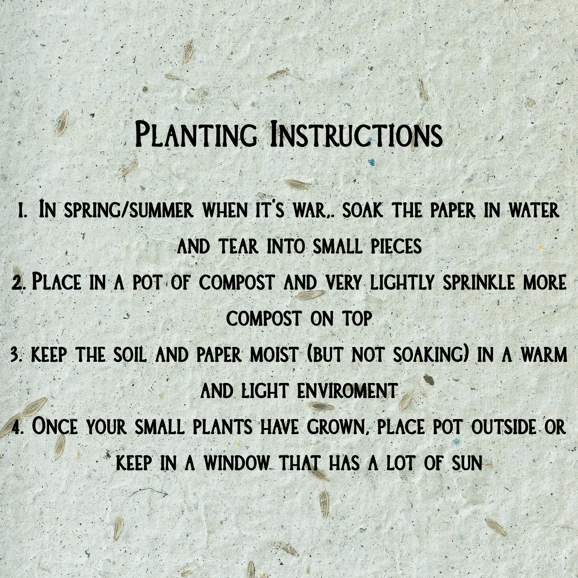 Text-based planting instructions on a textured paper background