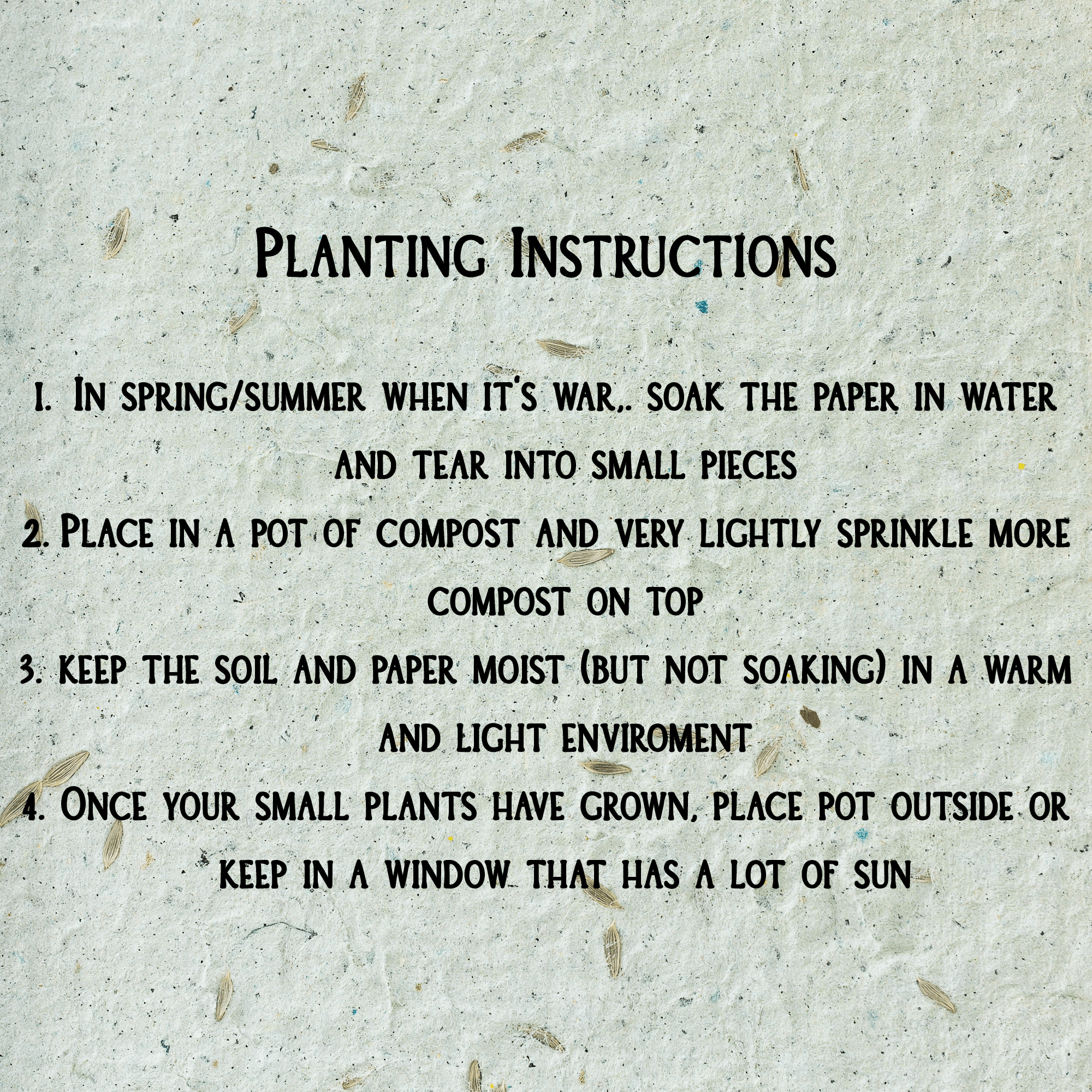 Text-based planting instructions on a textured paper background