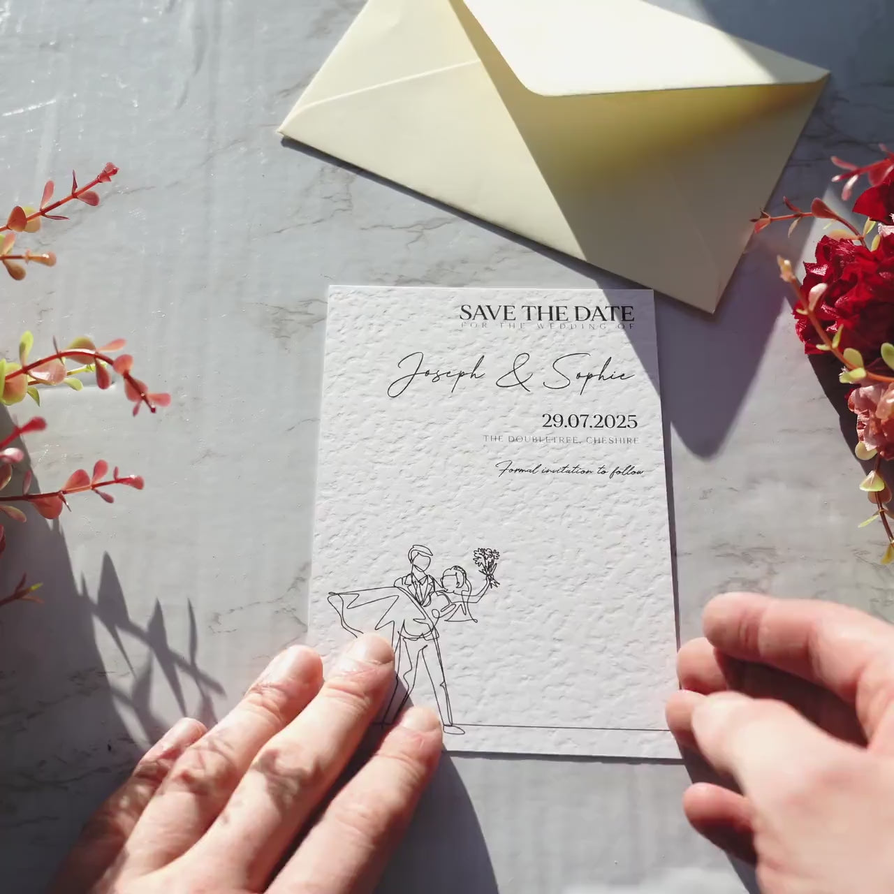 Load video: Beautiful Wedding Save The Date, Line Graphic, Hammered Textured Cardstock, Wedding Invitation, Printed Physical Invites