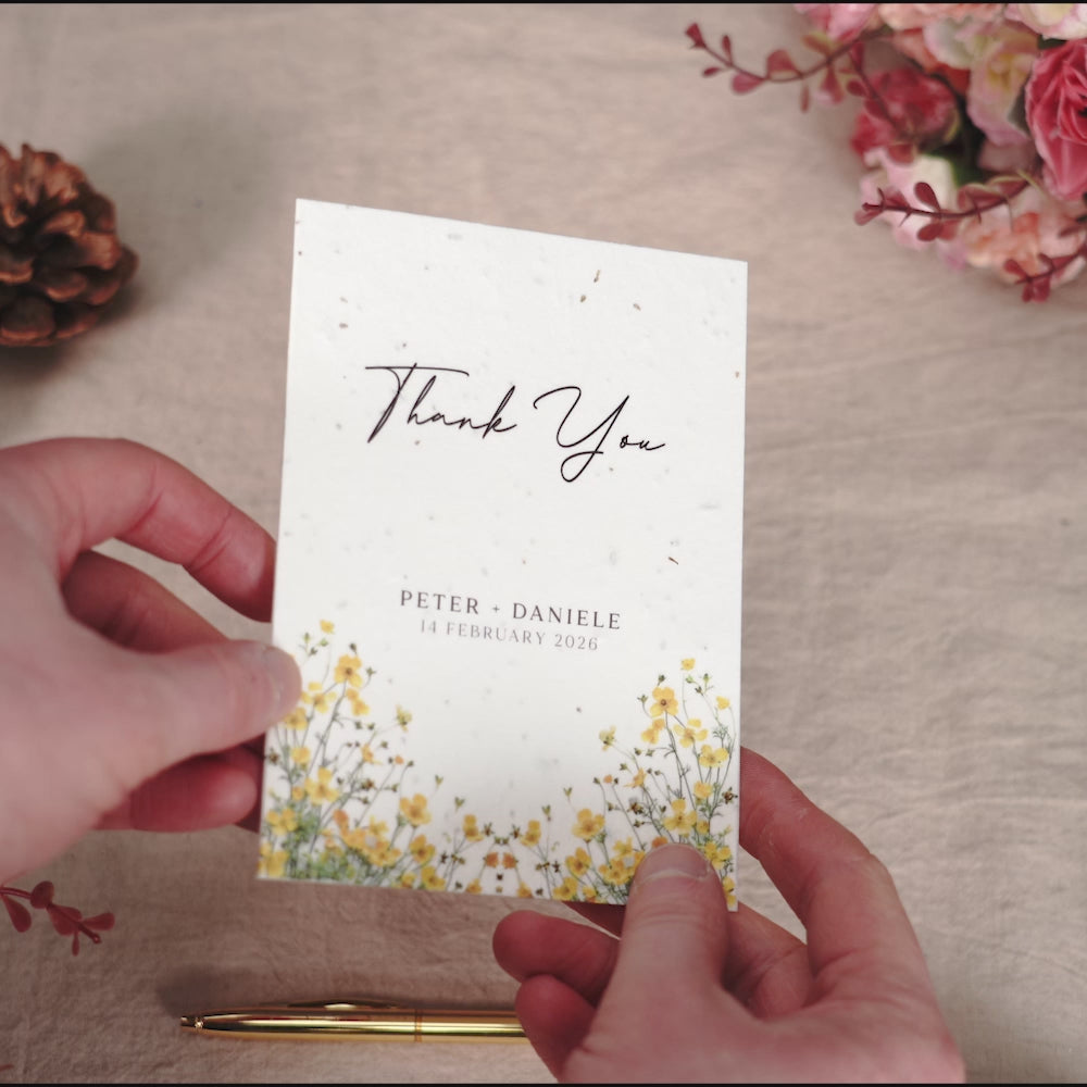 Load video: Botanical themed wedding thank you cards printed on wildflower seed paper