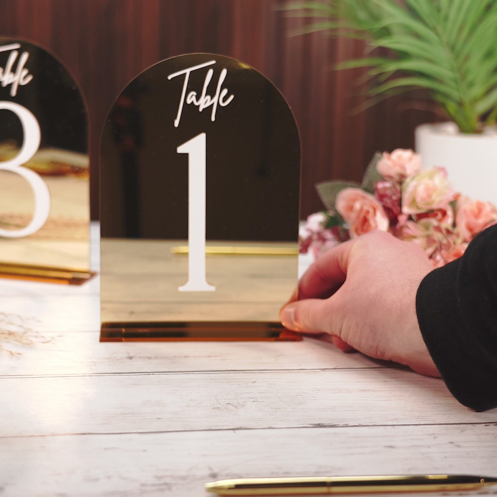 Load video: Gold Acrylic Wedding Table Numbers with Stand