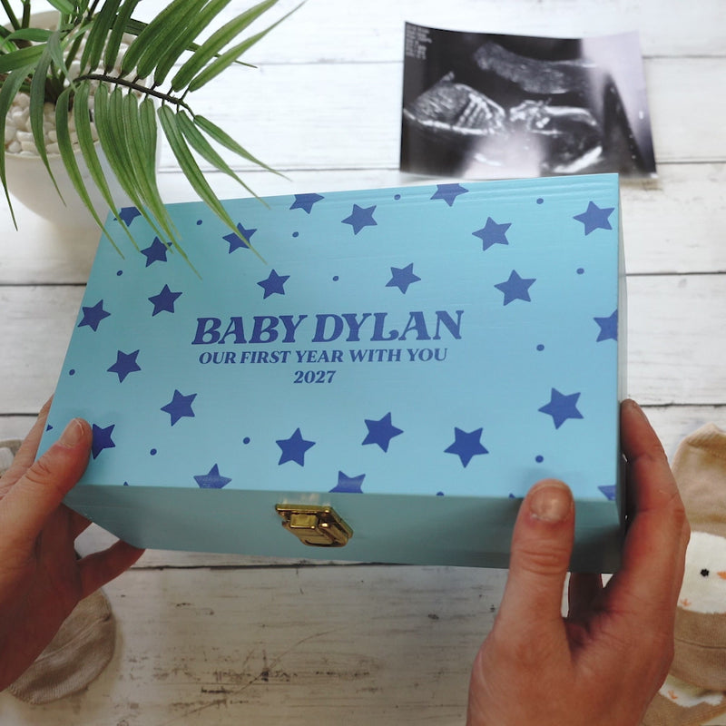 A video showcasing three different box variants. One blue with stars, one pink with butterflies and one white with polka dots. 