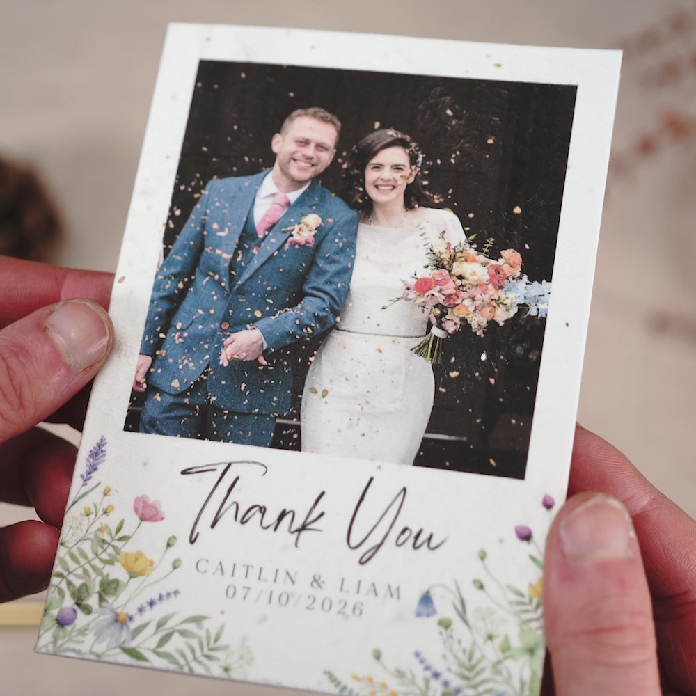 Load video: Floral Seeded Wedding Photo Thank You Cards