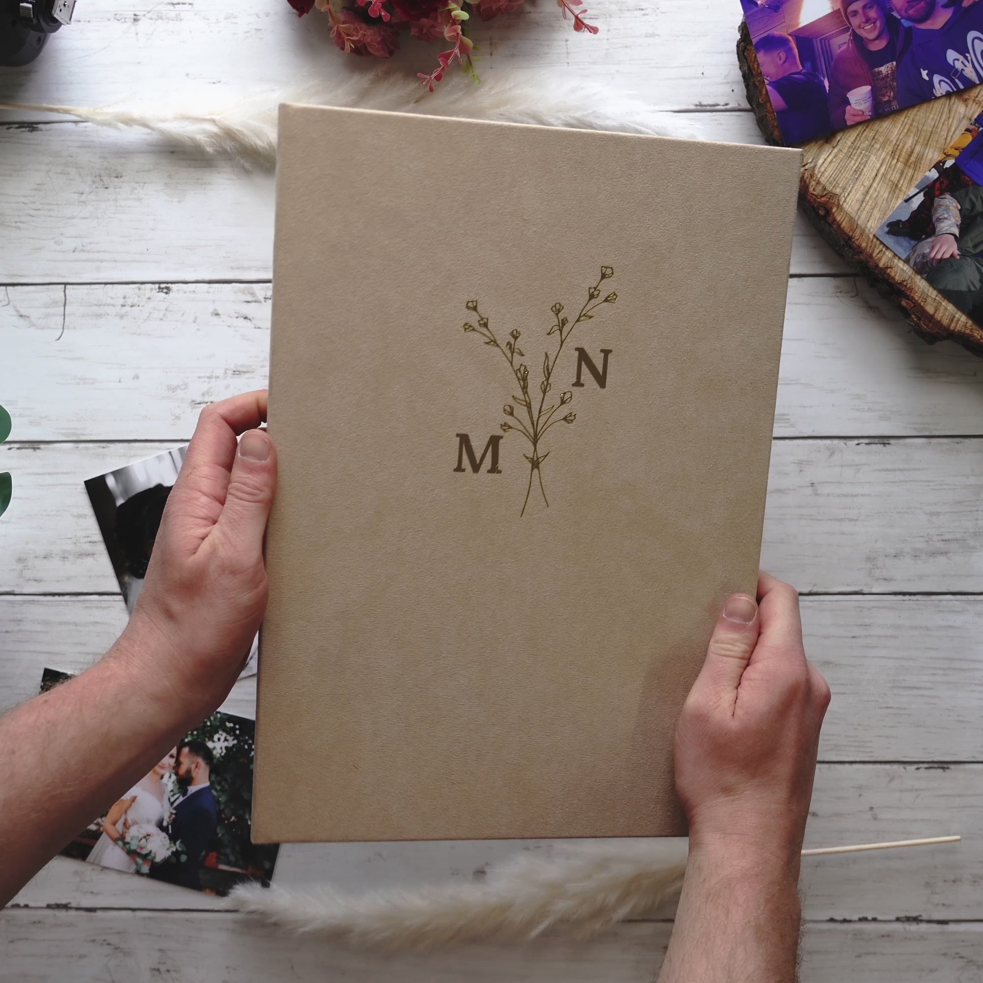 Load video: Stylish and Unique Photo Wedding Family Album, Handmade, 4x6, 5x7, for 80-200 photos, Personalized Real GOLD lettering, Scrapbooking