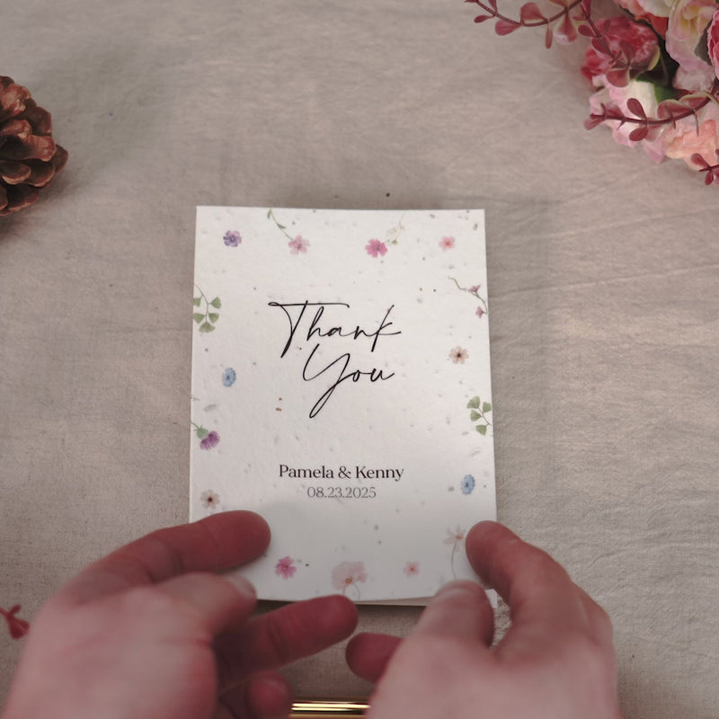 Eco-conscious wedding thank you notes with plantable paper and natural fibres visible